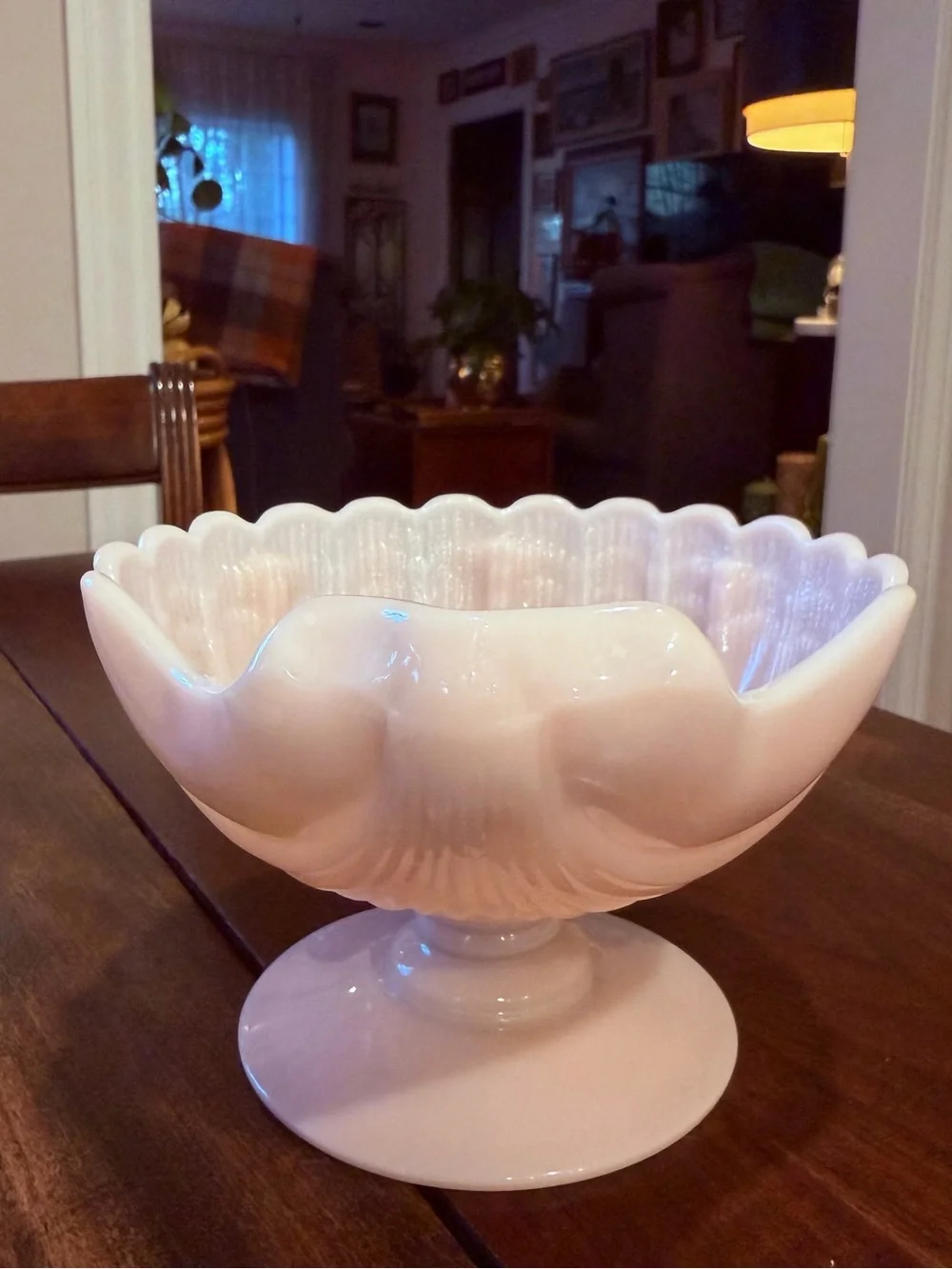 Vintage Cambridge Glass Co. Crown Tuscan seashell pedestal bowl Opalescent Pink